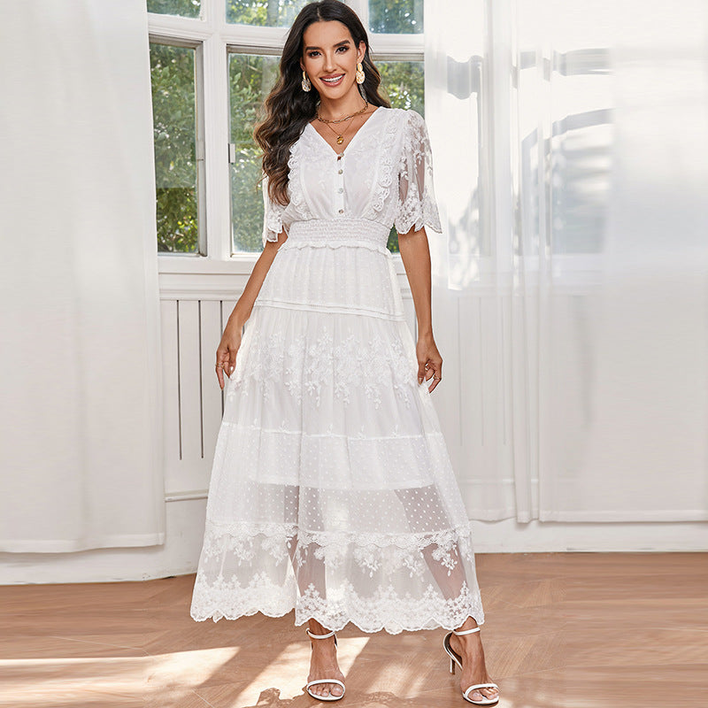 Lace V-neck Patchwork Dress Women NorixaFashion.com