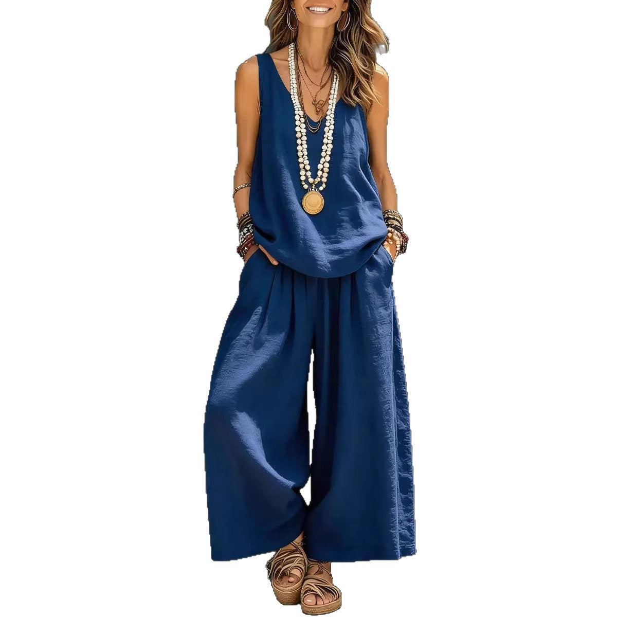 Womens Solid-Colored Casual Sleeveless Tank Top And Wide-Leg Pants Cotton-Linen Set LadyShow.Store