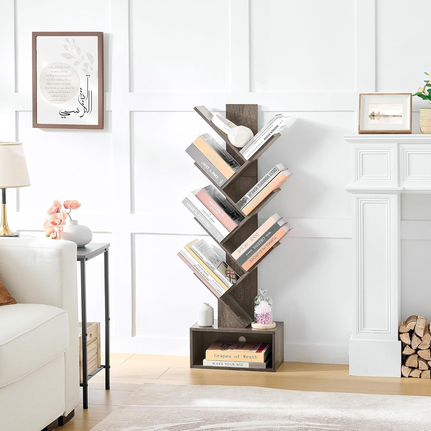 6 Tier Tree Bookshelf Bookcase With Drawer Grey Office LuxuryLifeWay Online Store