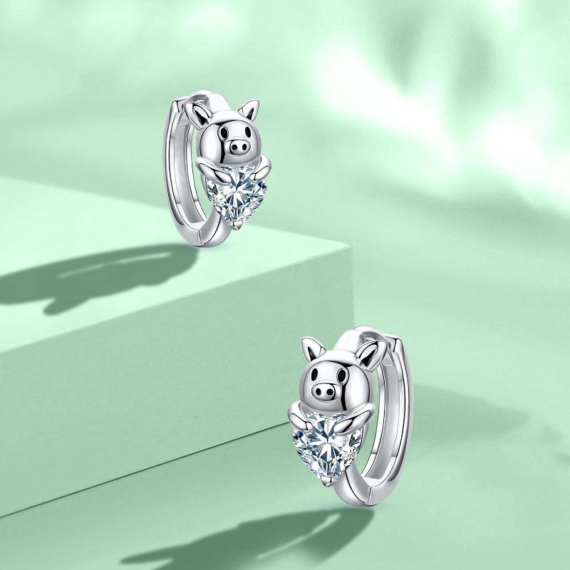 Hypoallergenic Cubic Zirconia Pig Small Cute Heart Huggie Hoop Earrings LadyShow.Store