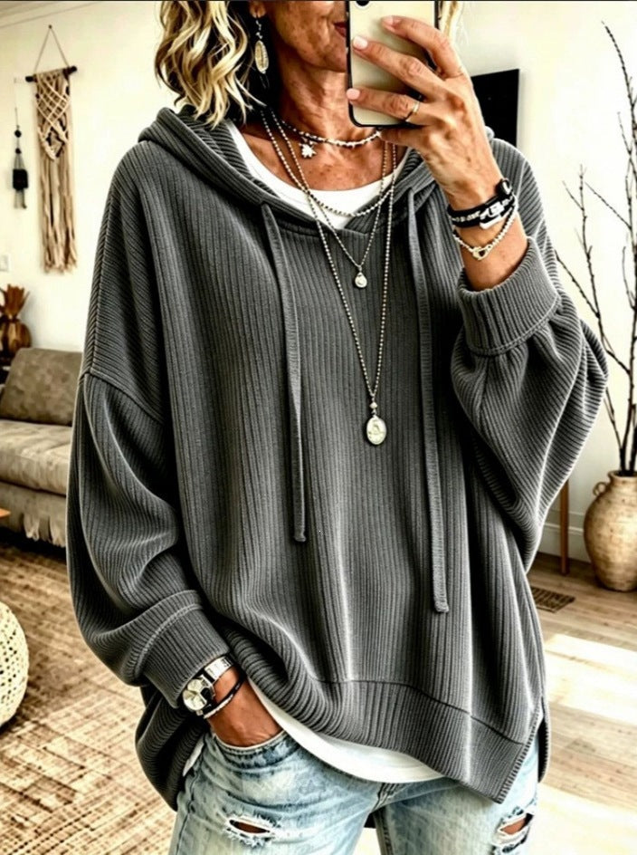 2026 European And American Women's Fashion Amazon Independent Store Hooded Drawstring Woven Corduroy Sweatshirt Jacket Loose Top NorixaFashion.com