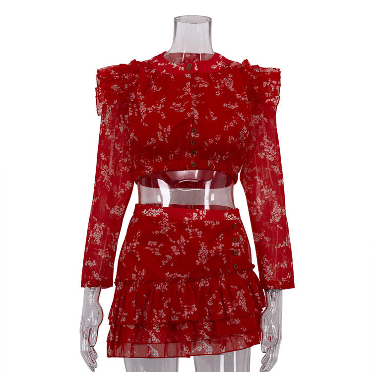 Round Neck Long-sleeved Cropped Top And Printed Skirt Two-piece Set NorixaFashion.com