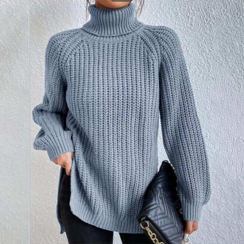 Turtleneck Pullover Sweater With Split Design Fashion Simple Solid Color Long Sleeve Tops Women's Clothing LadyShow.Store