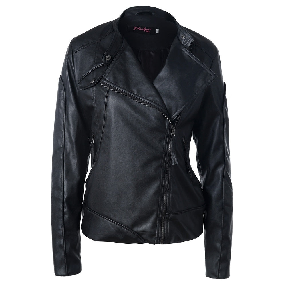 Stand Collar Side Zipper Leather Coat Motorcycle Jacket LadyShow.Store