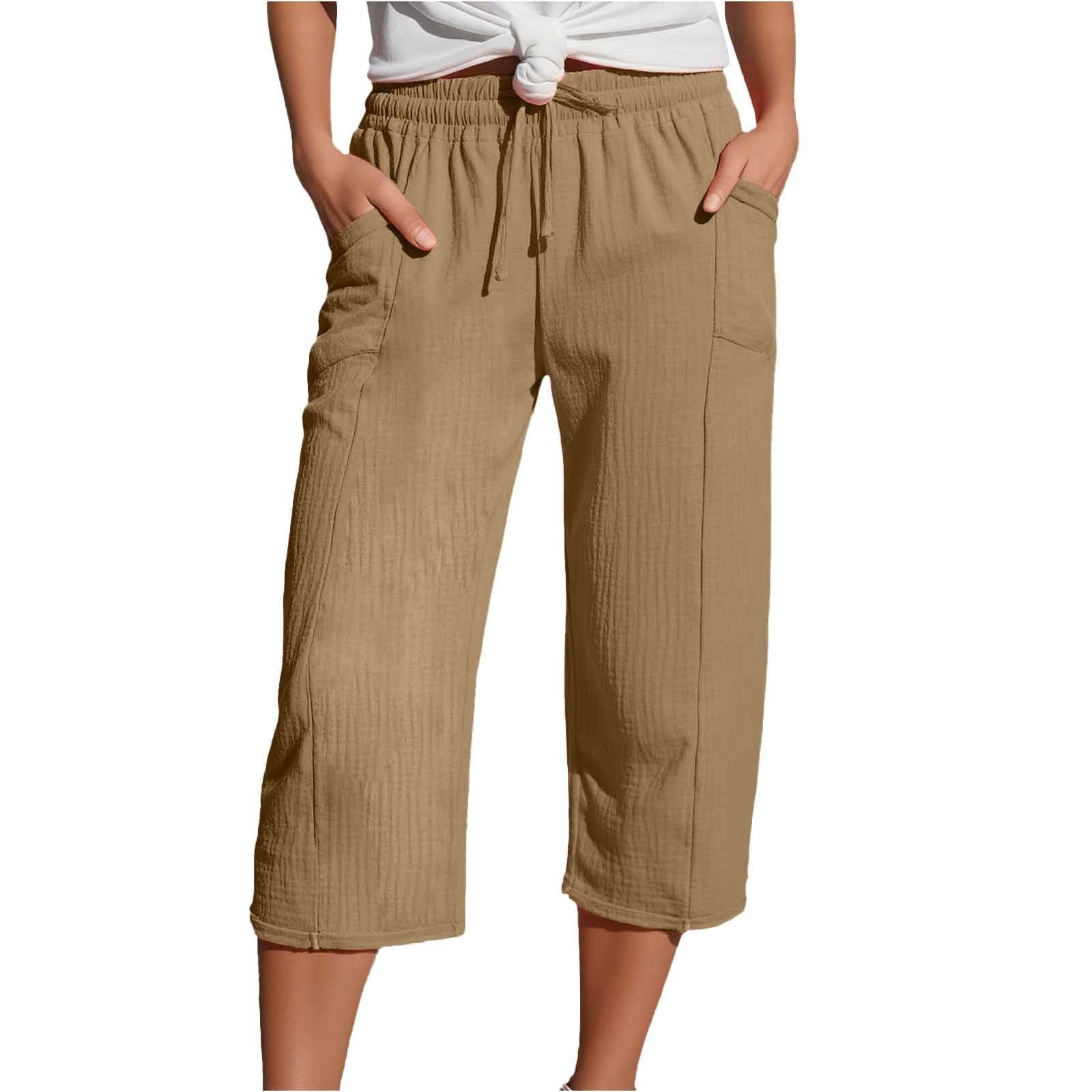 Women's Cotton-Linen Solid-Color Casual Cropped Pants With Elastic Waist NorixaFashion.com