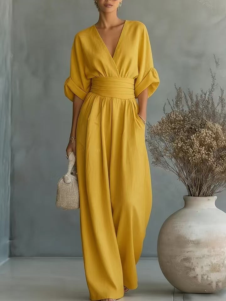 Elegant Waist-cinching V-neck Slimming Chic Jumpsuit For Women NorixaFashion.com