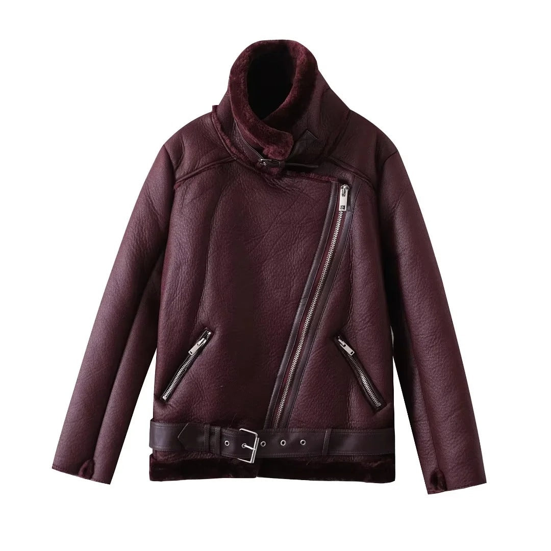 Burst Board Fur Integrated Lamb Fur Thick Warm Jacket Motorcycle LadyShow.Store