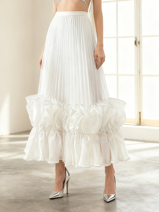 High Waist Pleated Ruffle Hem Midi Skirt NorixaFashion.com