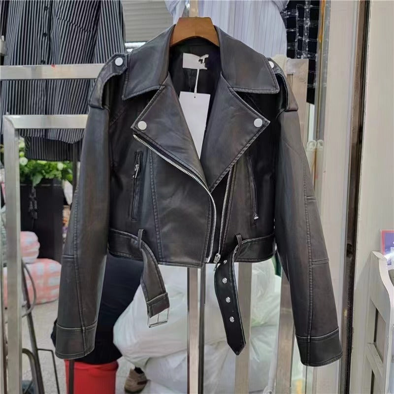 Hong Kong Style Retro Coat Women's Short Spring And Autumn New Casual Pop Motorcycle PU Leather Jacket LadyShow.Store