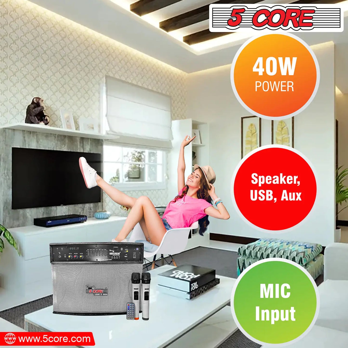 5 Core Wireless Portable PA System  400W PMPO Active Powered Bluetooth Compatible Karaoke Speaker