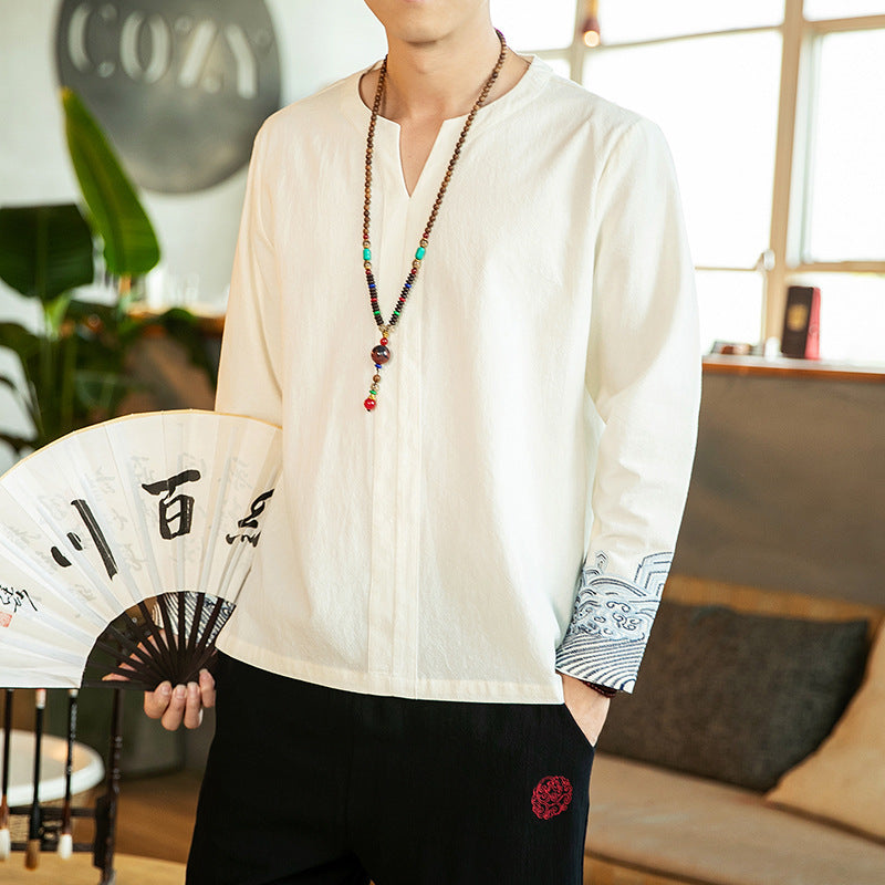 Men's Cotton Linen Embroidered Long Sleeve T-Shirt Pi-Mart