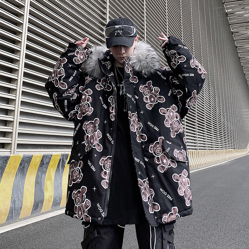 Plus Size Hip Hop Cotton Jacket with Bear Print Pi-Mart