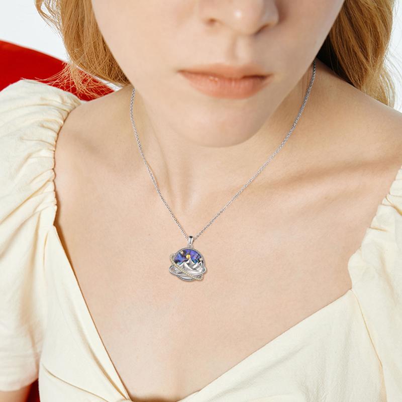 Sterling Silver Universe Planet Sun Moutain Pendant Necklace Abalone Shell Cubic Zirconia Jewelry LadyShow.Store