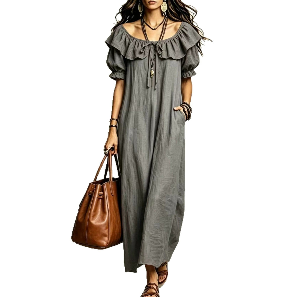Summer 2026 Women's New Round Neck Ruffled Casual Seaside Vacation Dress From Europe And America NorixaFashion.com