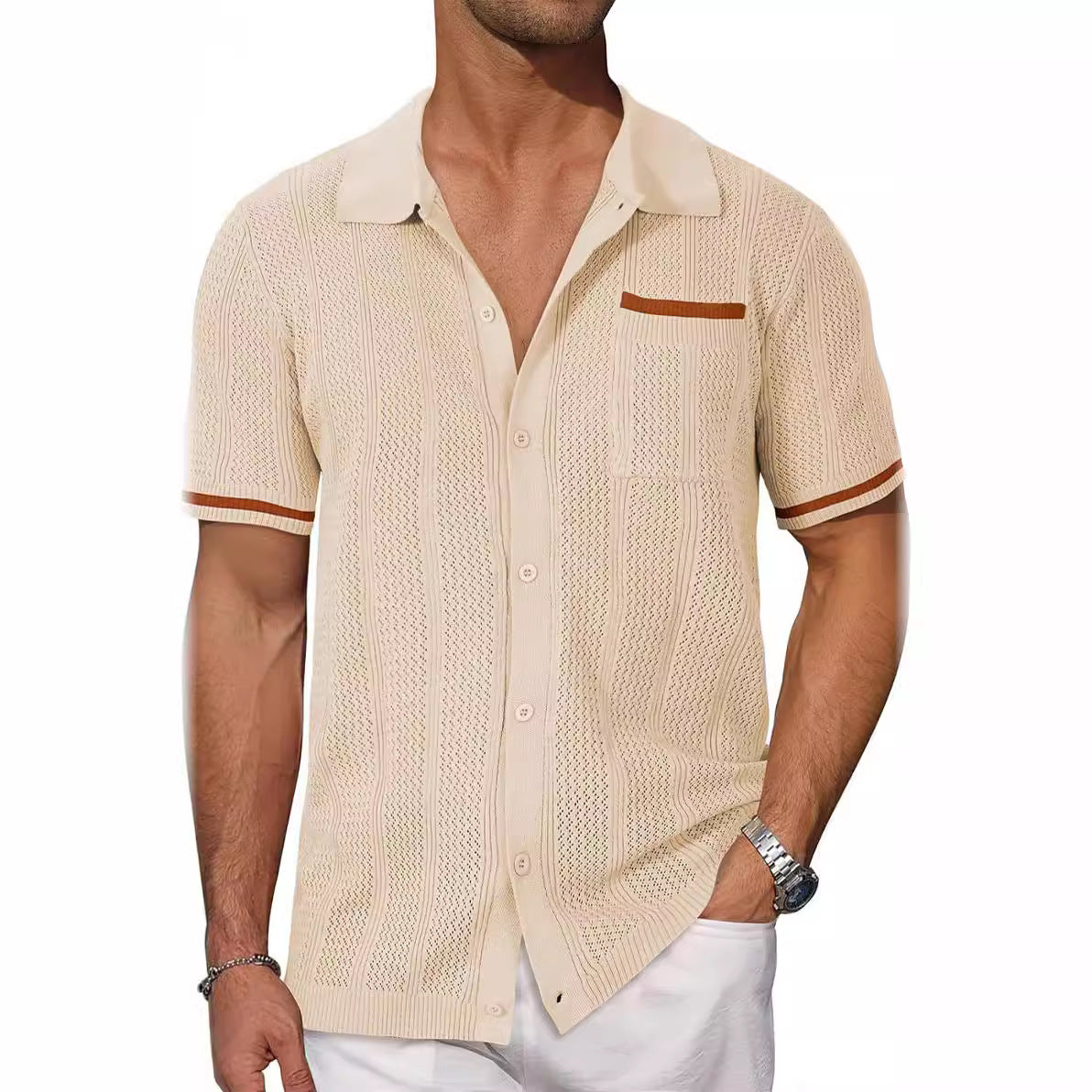 Short-sleeved Shirt Pocket Hollow Breathable Cool Summer Men's Casual Jacket Cardigan NorixaFashion.com