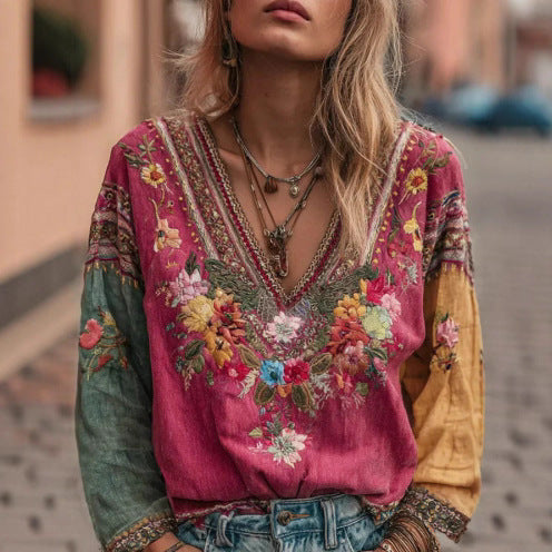 Women's Casual Vintage Bohemian V-neck Top With Ethnic-style Long Sleeves LadyShow.Store
