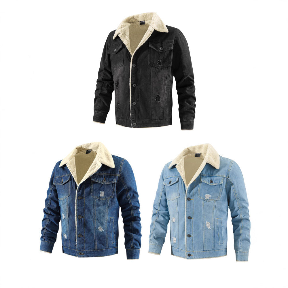2026 Cross-Border Autumn And Winter Men's Long-Sleeve Fleece-Lined Thickened Denim Jacket With Turn-Down Collar, Large Size, Casual Versatile Fashion Urban Style NorixaFashion.com