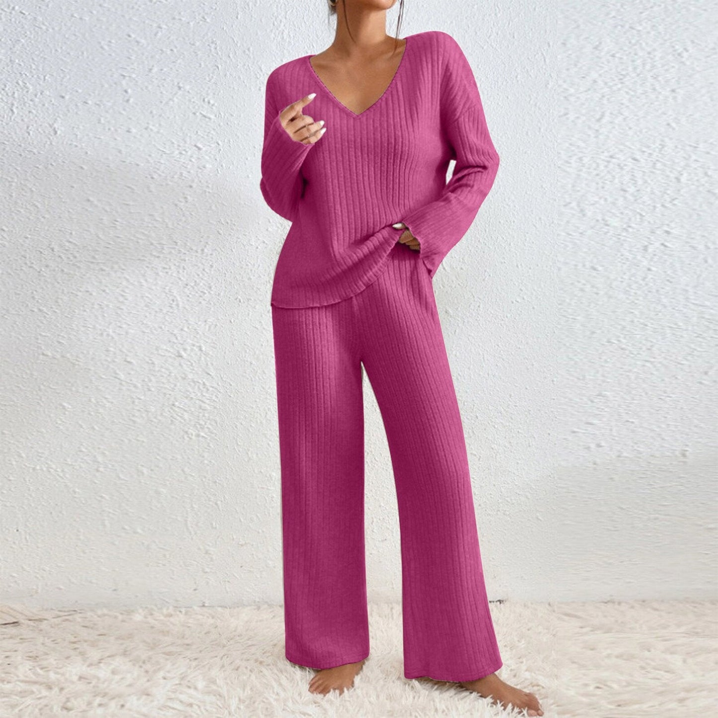 Long Sleeve V-neck Knitted Sunken Stripe Brushed Loose Leisure Suit LadyShow.Store