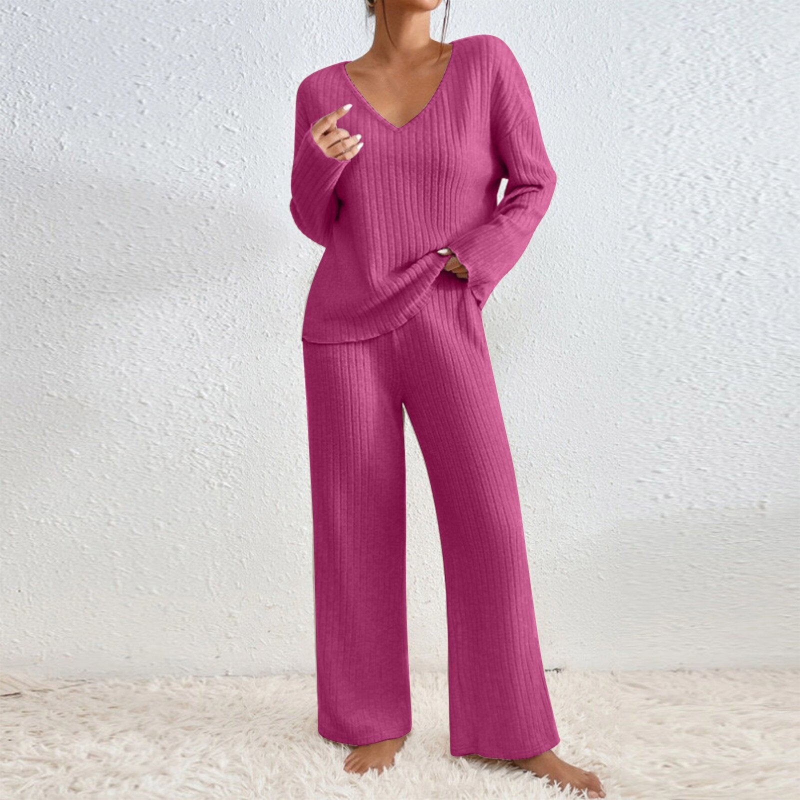 Long Sleeve V-neck Knitted Sunken Stripe Brushed Loose Leisure Suit LadyShow.Store