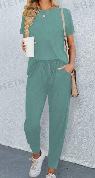 Solid Round Neck Tee & Pants Set LadyShow.Store