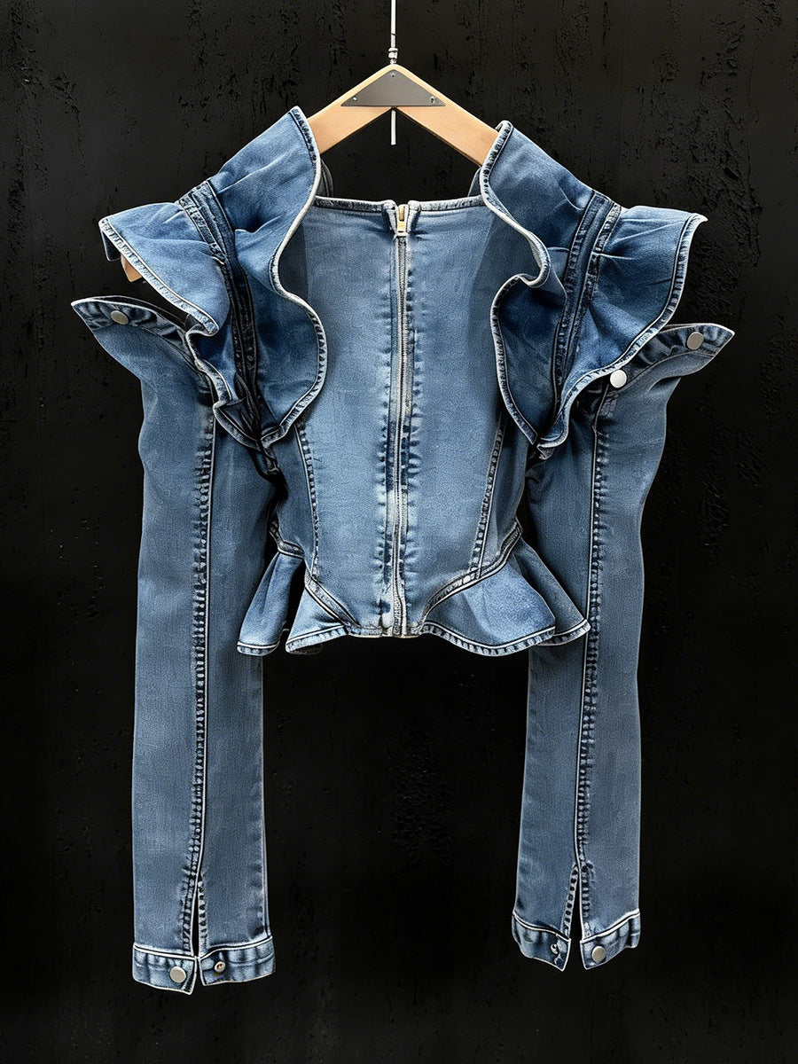 Long-sleeved Cropped Denim Jacket With Ruffled Hem NorixaFashion.com