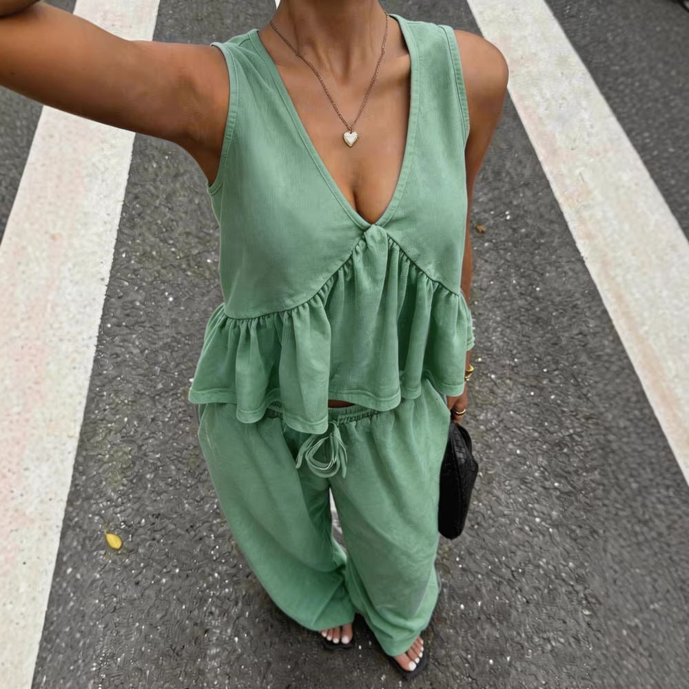 Women's Casual V-Neck Sleeveless Top And Pants Set NorixaFashion.com