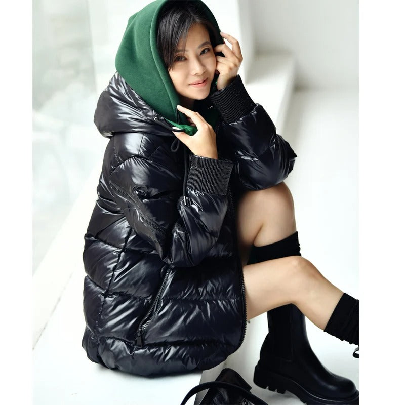 Contrast Stitching Fake Two-piece Loose And Thickened Bright Hooded Down Jacket Best YouTube Store