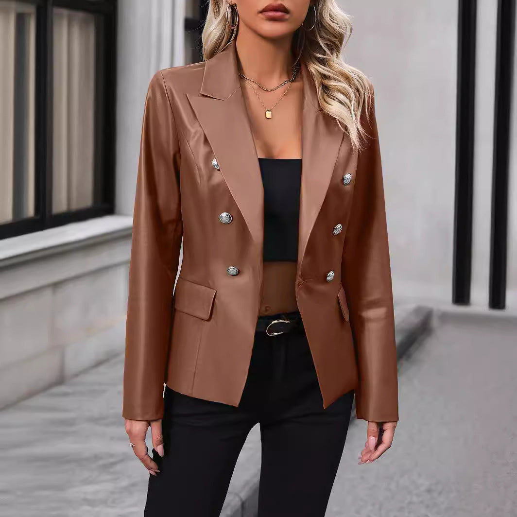 Women's Double-breasted Suit Jacket Motorcycle Leather Coat LadyShow.Store