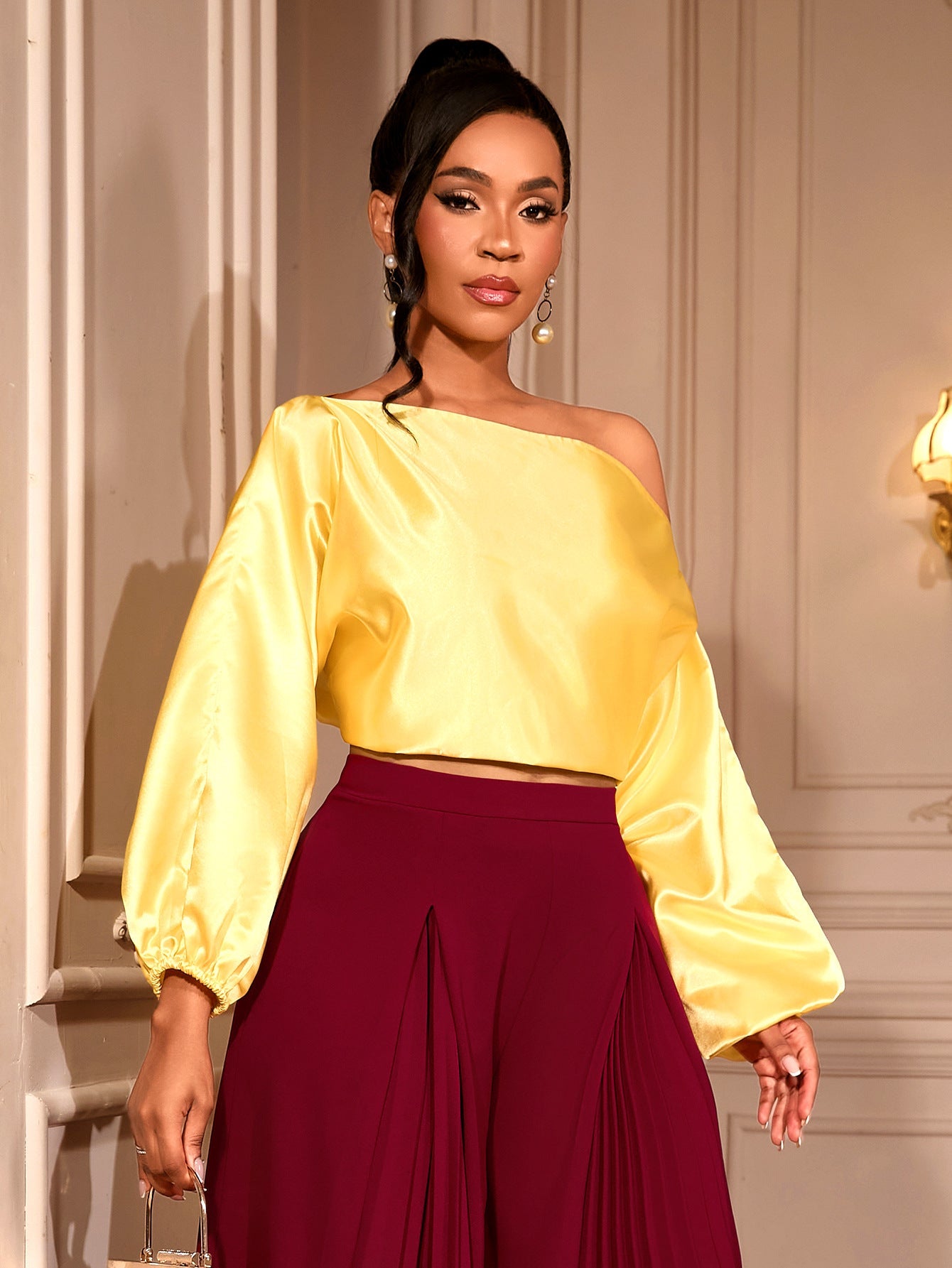 One Shoulder Balloon Puff Sleeve Cropped Blouse NorixaFashion.com