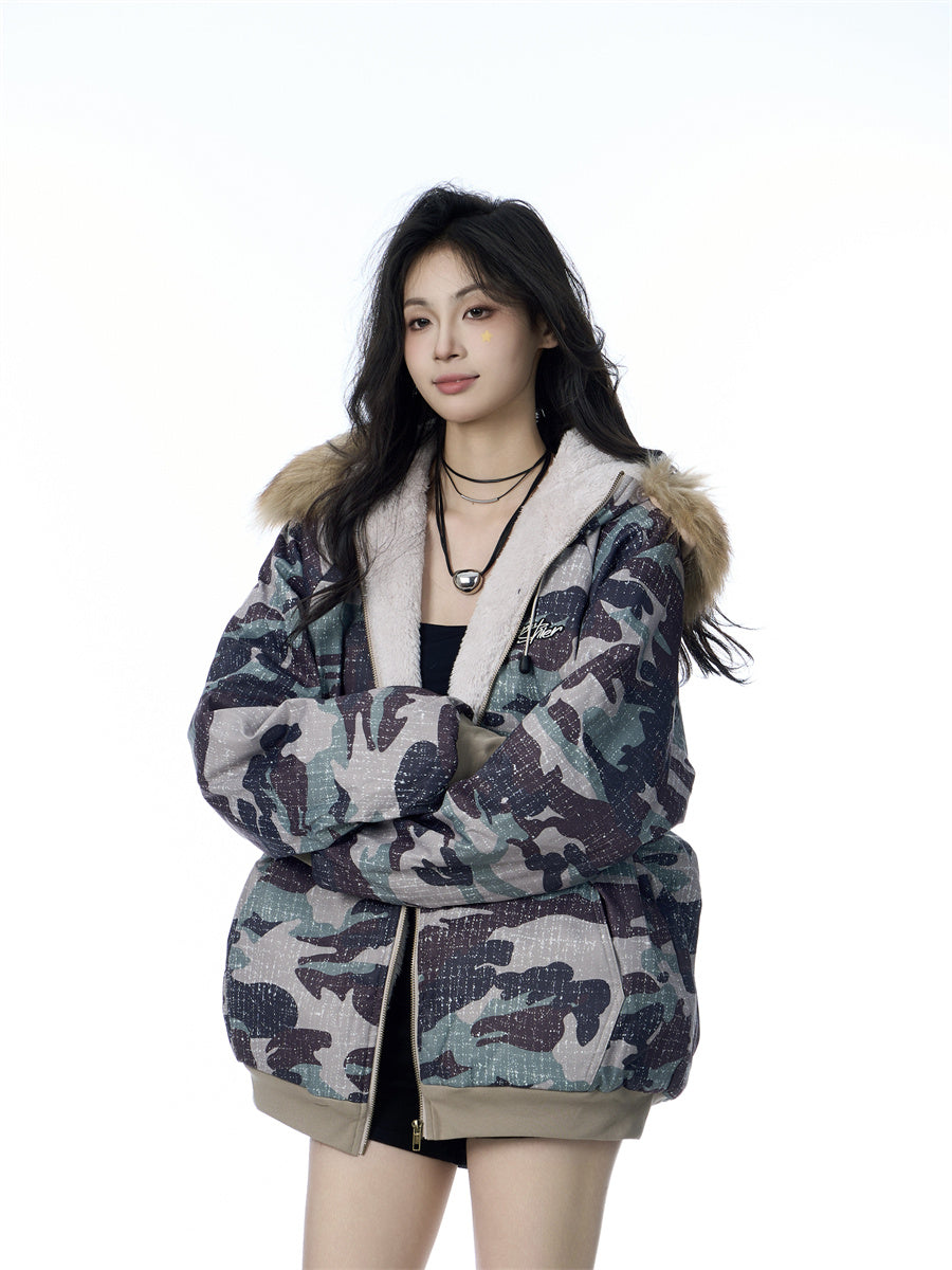 American Vintage Army Green Camouflage Fur Collar Hood Jacket