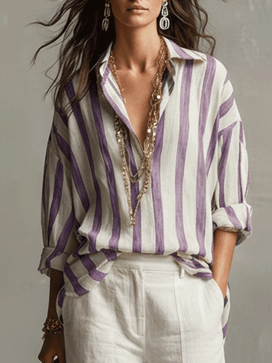 Striped Lapel Collar Loose-Fit Stylish Pullover Womens Blouse NorixaFashion.com