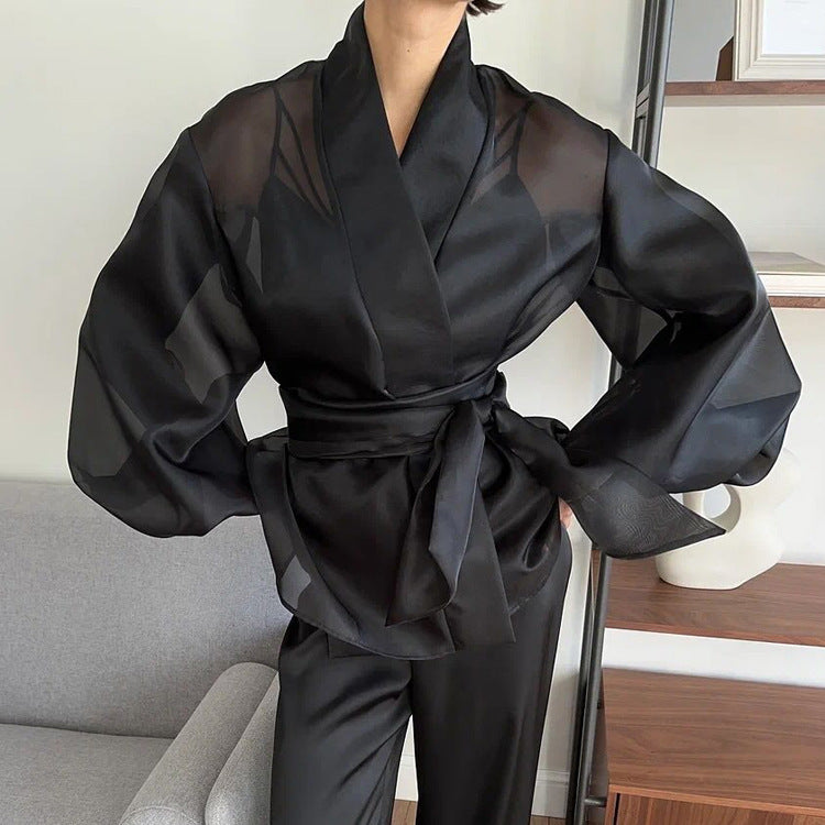 Black Sheer Puff Sleeve V-neck Tie-front Top NorixaFashion.com