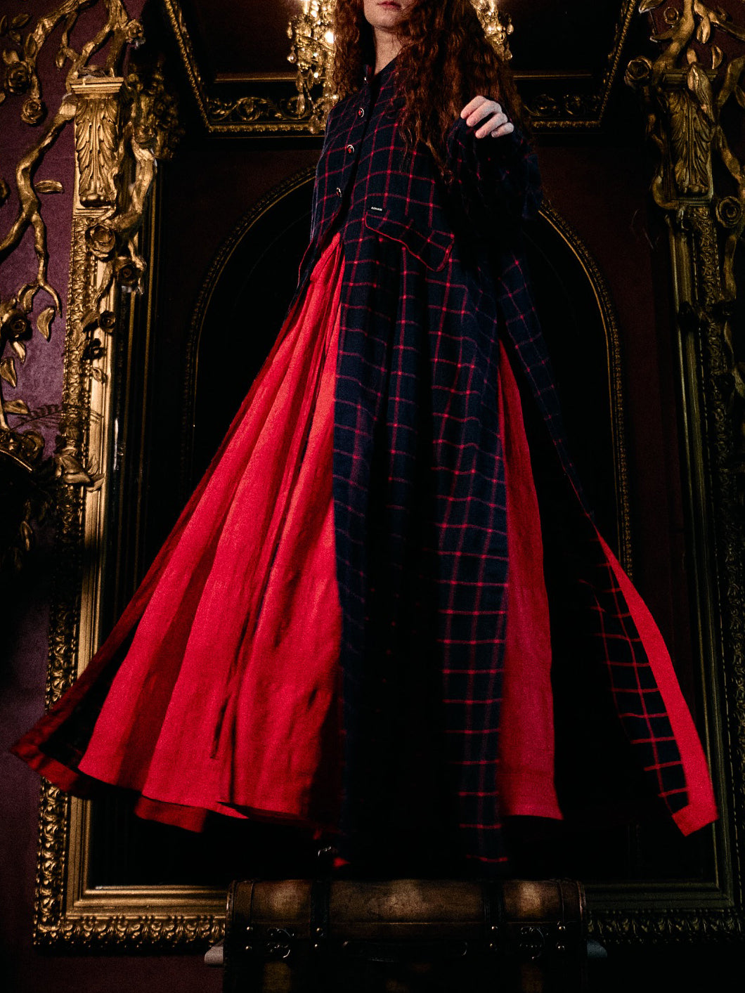 Navy Red Plaid Long Coat With Red Maxi Swing Dress Set NorixaFashion.com