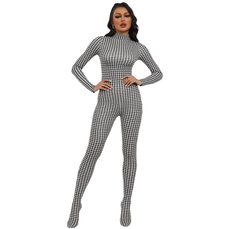 European And American Style Fashion Printed High-neck Long-sleeve Sexy High-waist Slim Jumpsuit LadyShow.Store