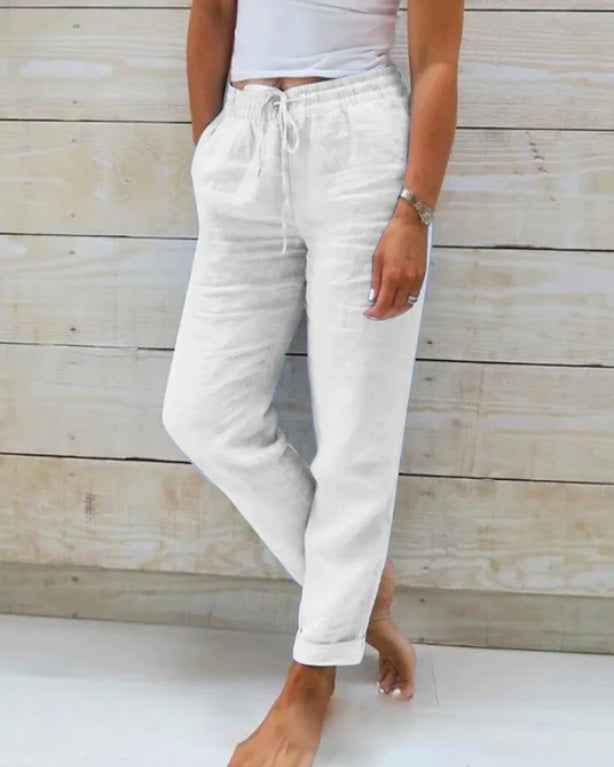 Elastic Waist Solid Cotton Hemp Pants NorixaFashion.com