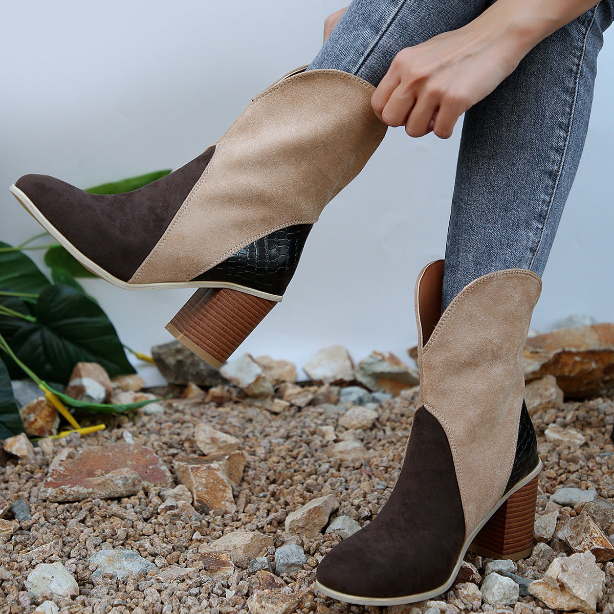 Fashion Splicing Suede Boots Retro Pointed-toe Square High Heel Mid-calf Boots For Women Fall And Winter Shoes LadyShow.Store