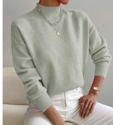 Autumn And Winter Half-high Collar Pullover Women's Fashion Solid Color Loose Knitted Top LadyShow.Store