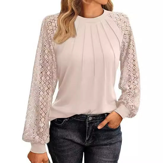 2026 Autumn New European And American Women's Long Sleeved Shirt Lace Top Casual Knitted Shirt NorixaFashion.com