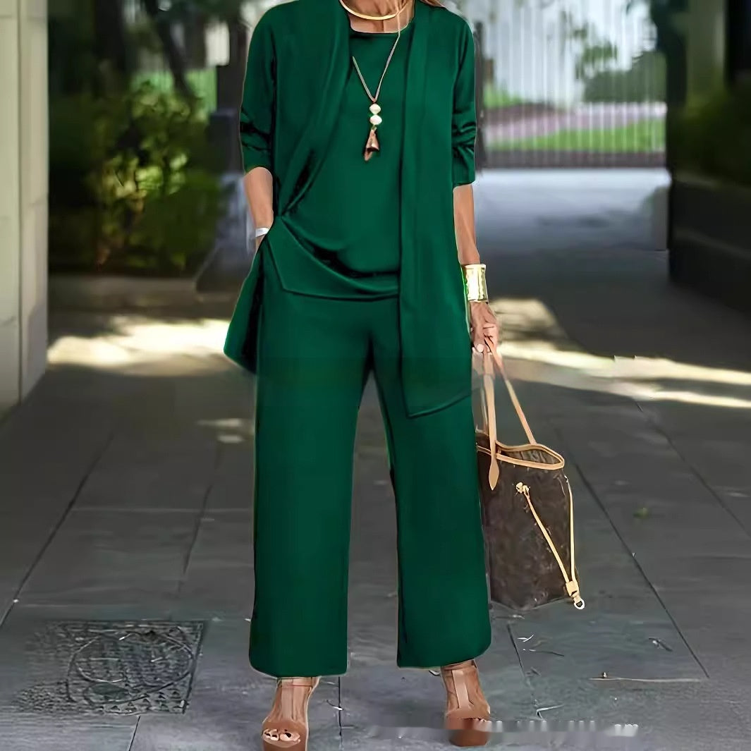 3-piece Cardigan Suit Pure Color Split Sleeveless Vest Top Long Sleeve Jacket And Wide Leg Pants Set NorixaFashion.com