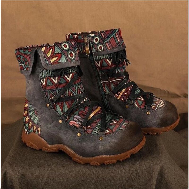 Ethnic Style Large Size Short Boots Women's Fashion Retro Side Zipper Round Head Autumn And Winter Fashion Nude Boots LadyShow.Store