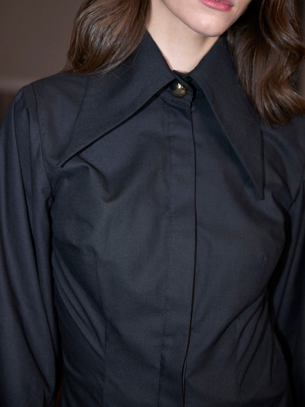 Black Oversized Collar Balloon Sleeve Shirt NorixaFashion.com