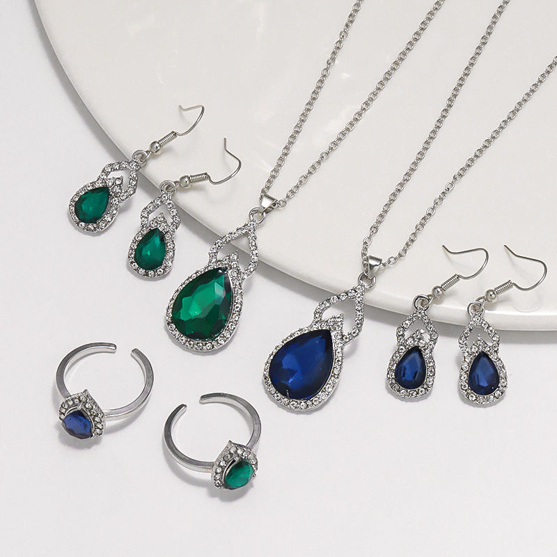 Light Luxury Zircon Necklace Earrings Open Ring Jewelry Suit LadyShow.Store