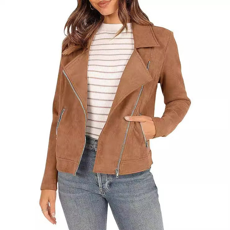 Fashion Deerskin Velvet Motorcycle Jacket Zipper Pocket Short Coat LadyShow.Store