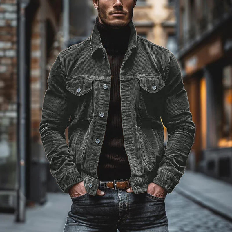 Men's Pocket Corduroy Long Sleeve Striped Lapel Jacket LadyShow.Store