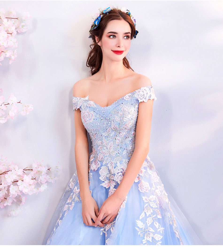 Blue Flowers Bride Wedding Toast Art Test Wedding Evening Dress LadyShow.Store