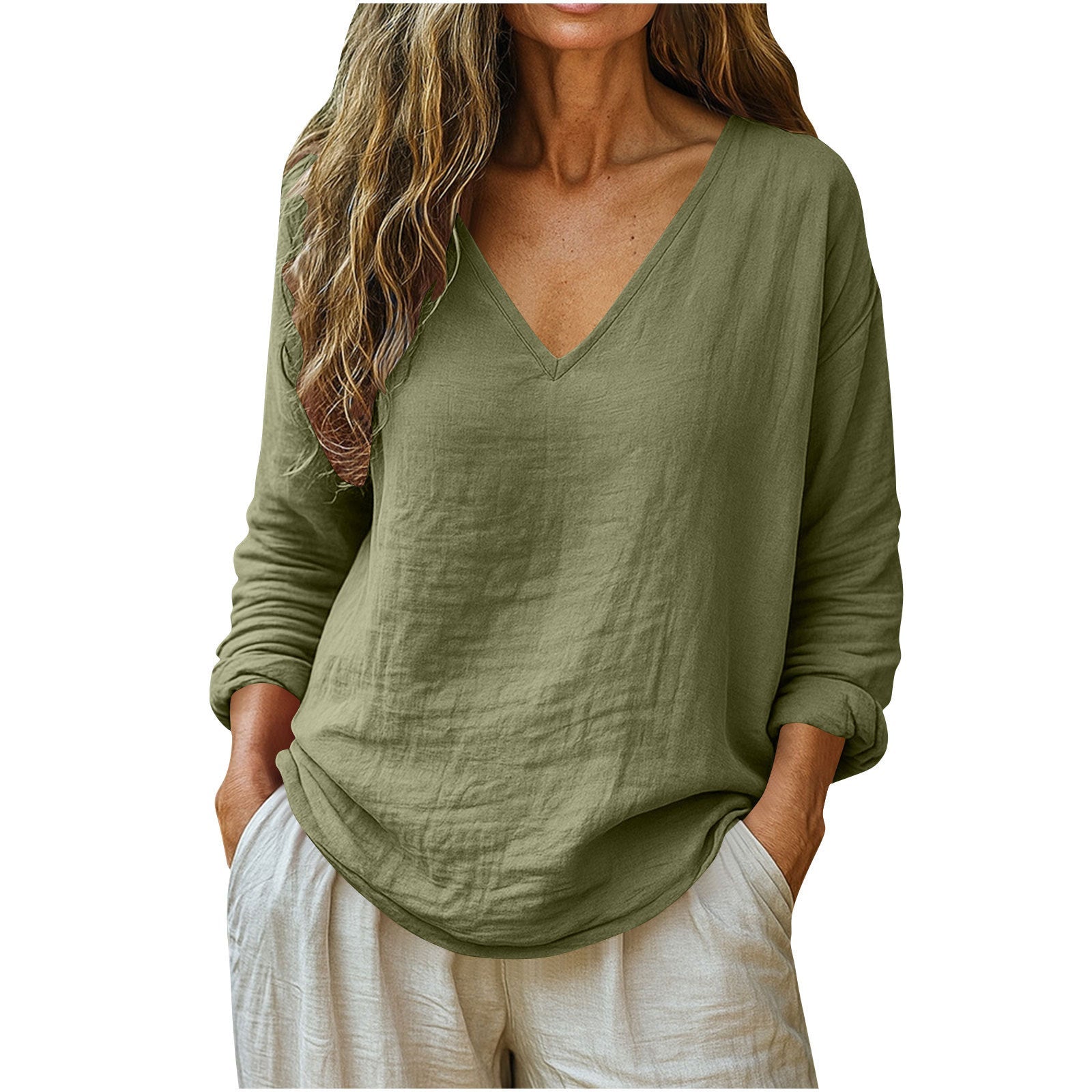 Fashionable Cotton-Linen Long-Sleeve V-Neck Top NorixaFashion.com