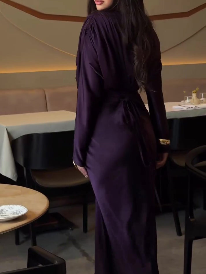 Plum Satin Maxi Dress With Wrap Front And Ruched Detail NorixaFashion.com
