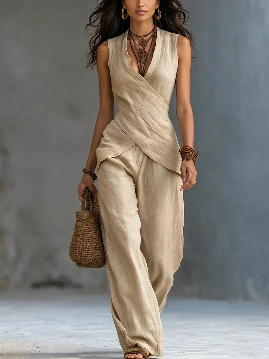 Cross-design Top Casual Shirt Wide-leg Pants Set For Women NorixaFashion.com
