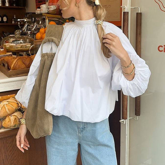 Puff-sleeved Backless Stand-collar Blouse NorixaFashion.com