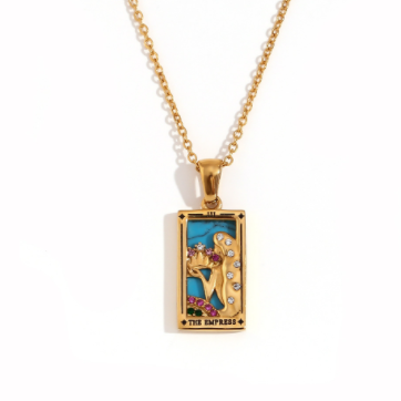 Fashion Tarot Necklace With Rhinestones Diamond Set Pendant Stainless Steel Rectangular Drip Necklace Jewelry CJD2